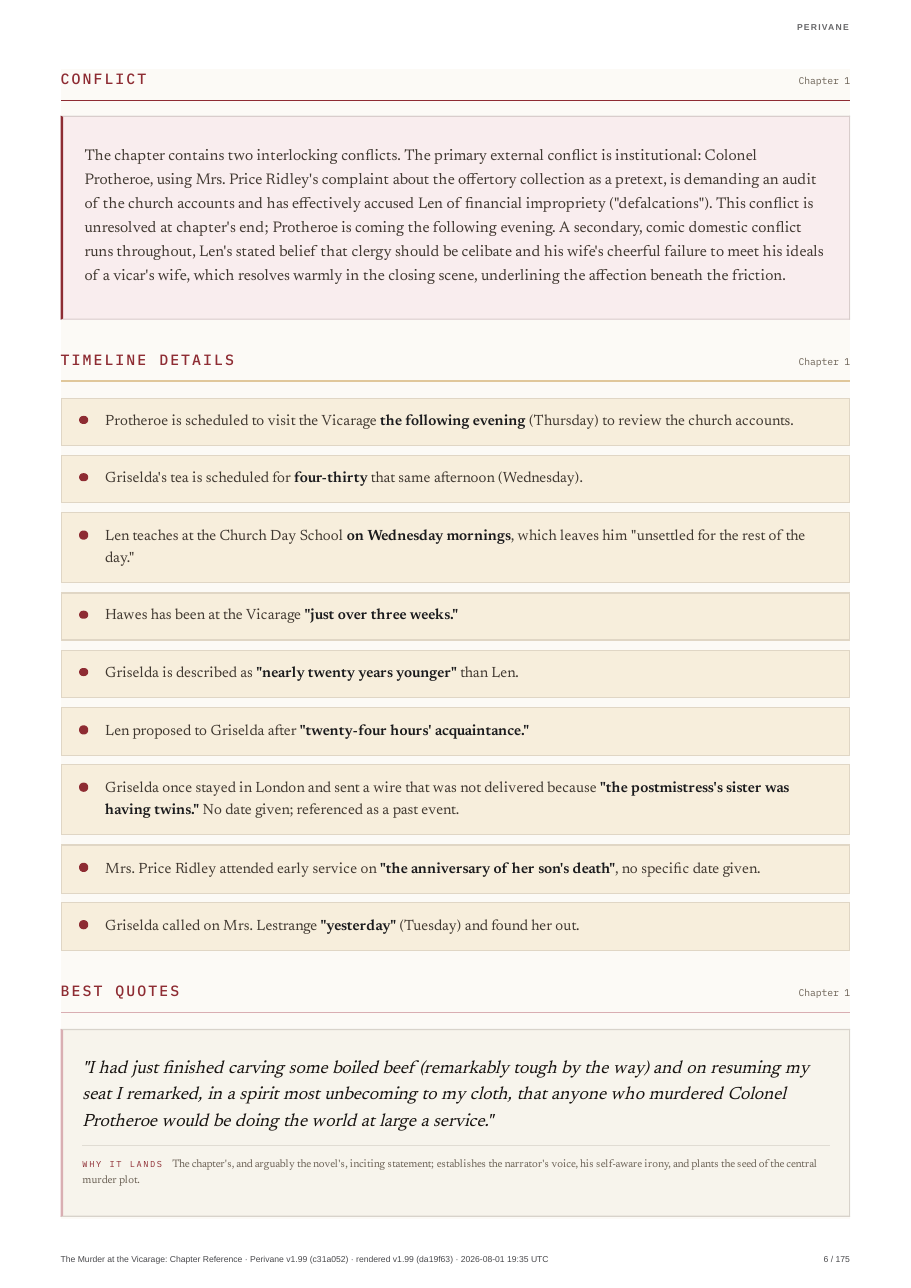 A Chapter Reference page with conflict analysis, timeline details, and a best quote explained